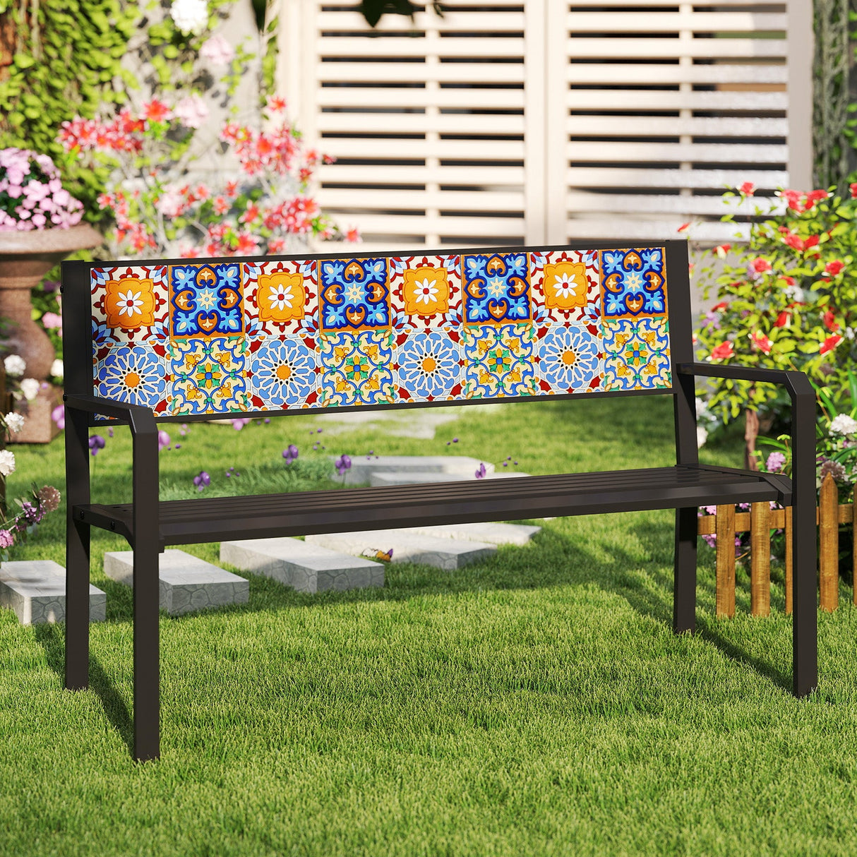 Banco de metal para patio de 50 pulgadas, sofá de dos plazas con respaldo de mosaico para 2-3 personas - Negro