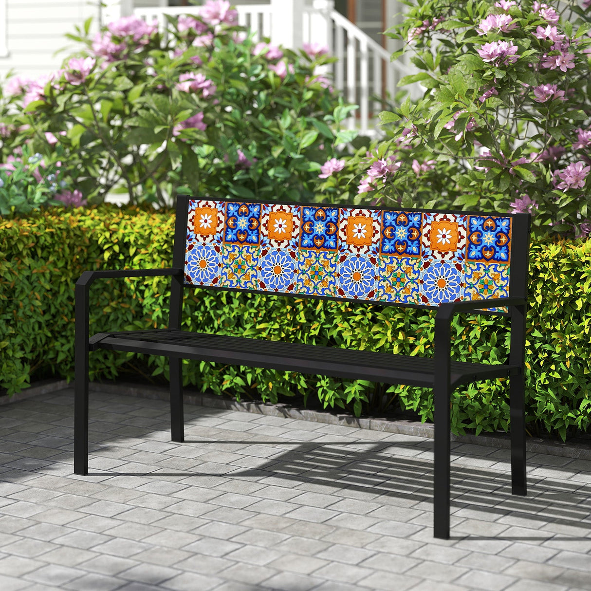 Banco de metal para patio de 50 pulgadas, sofá de dos plazas con respaldo de mosaico para 2-3 personas - Negro
