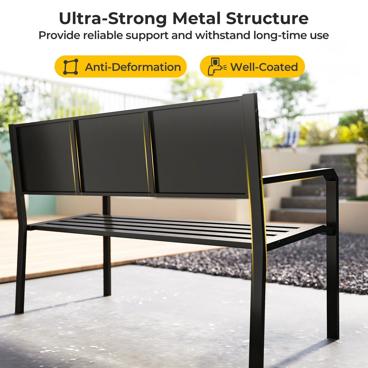 Banco de metal para patio de 50 pulgadas, sofá de dos plazas con respaldo de mosaico para 2-3 personas - Negro