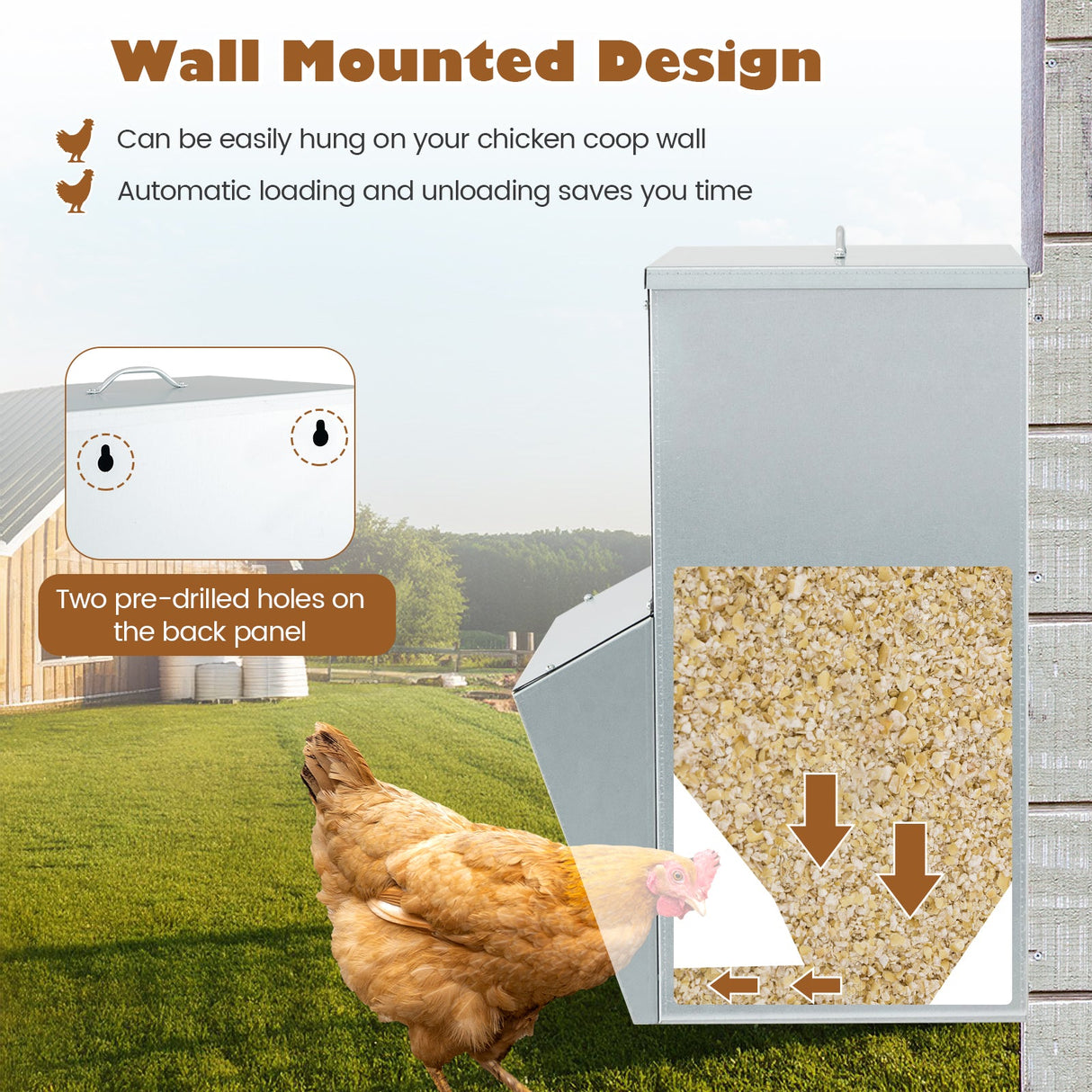 Comedero de pollo galvanizado para montar en la pared con capacidad para 50 libras - Plateado