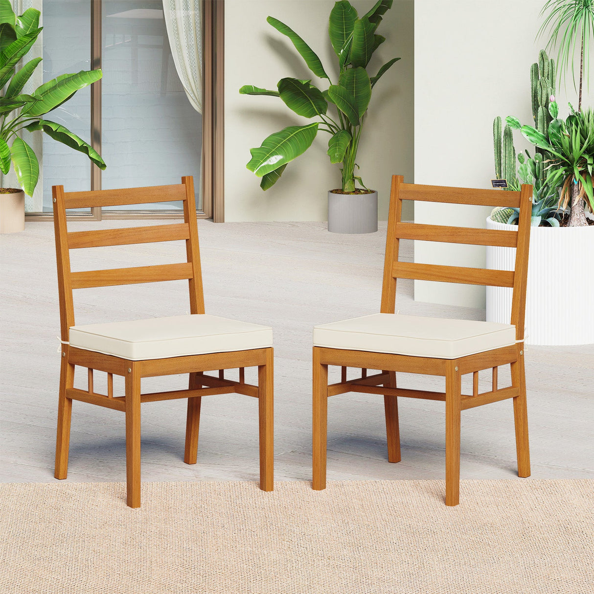 Juego de 4 sillas de comedor de madera para exterior con cojines acolchados - Blanco