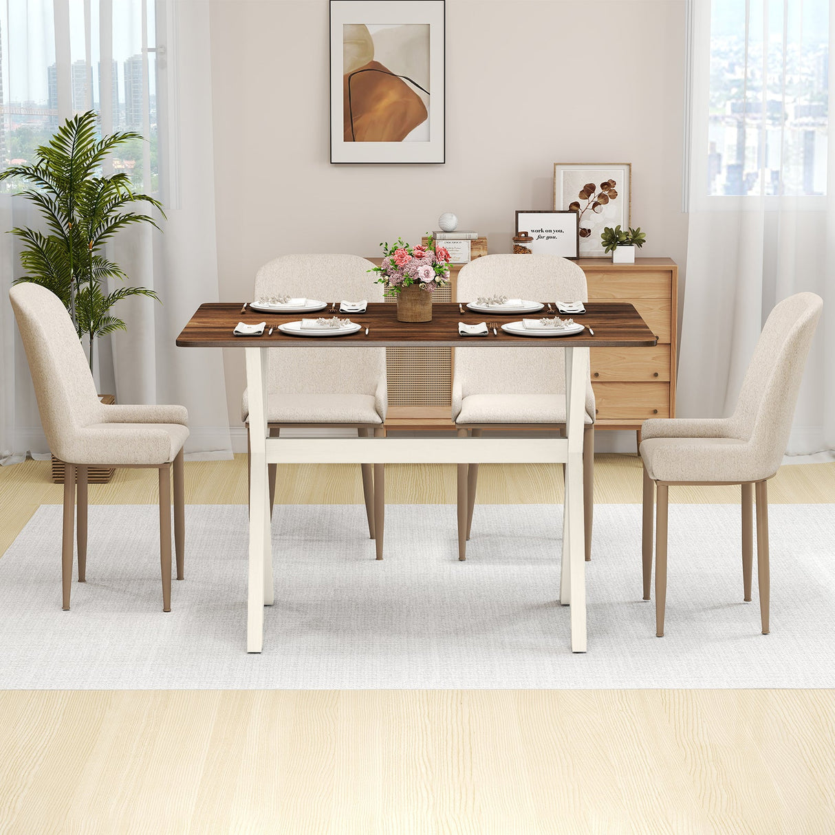 Mesa de comedor moderna, mesa de cocina de madera con estructura en forma de X - Blanca