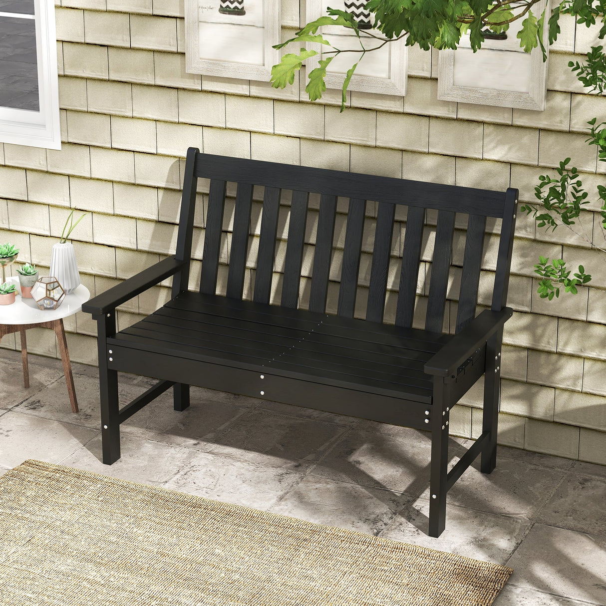 52 Inch All-Weather HDPE Outdoor Bench with Backrest and Armrests