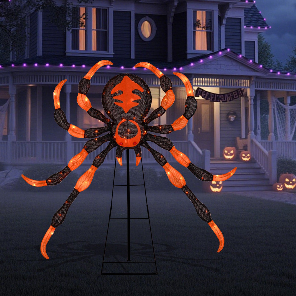 Decoración de araña de Halloween de 52 pulgadas con 16 LED parpadeantes de color blanco cálido