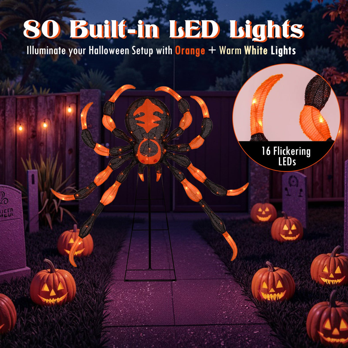 Decoración de araña de Halloween de 52 pulgadas con 16 LED parpadeantes de color blanco cálido