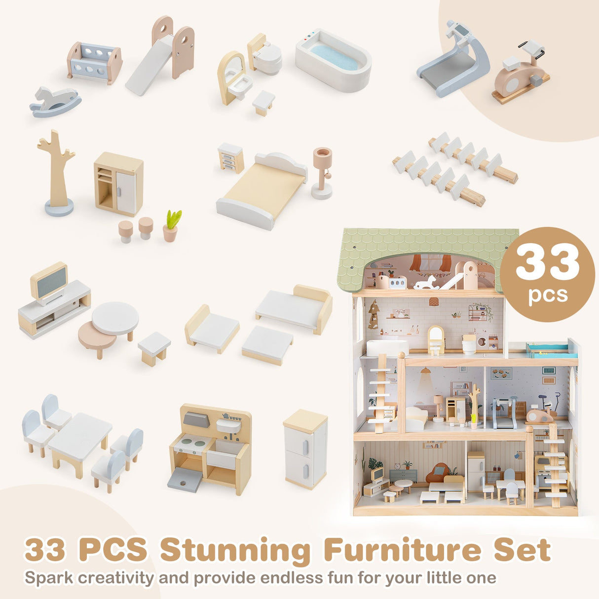 Casa de muñecas de madera para niños, casa de juegos de simulación con 33 accesorios de muebles - Verde
