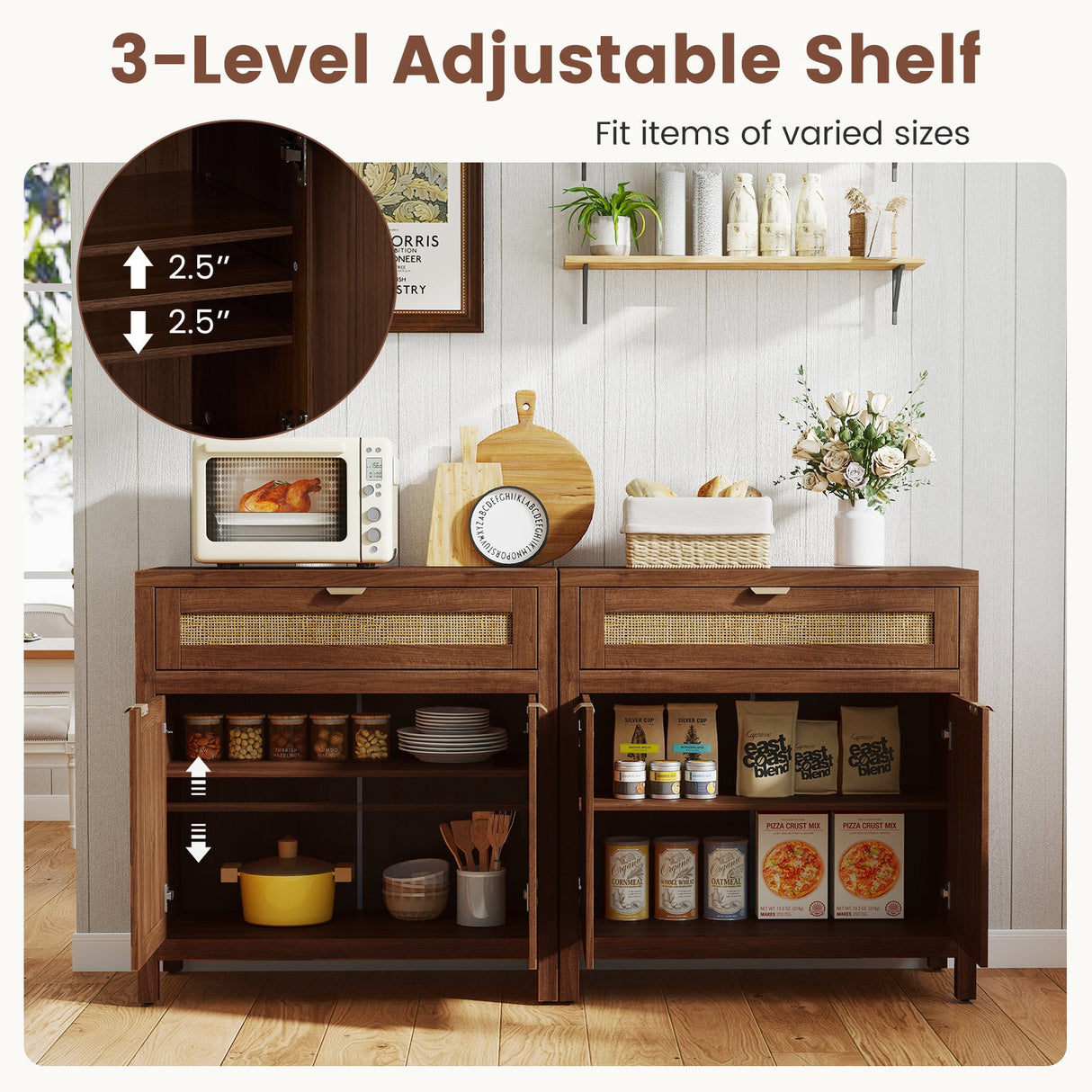 Mueble aparador con puertas de ratán y cajón - Marrón