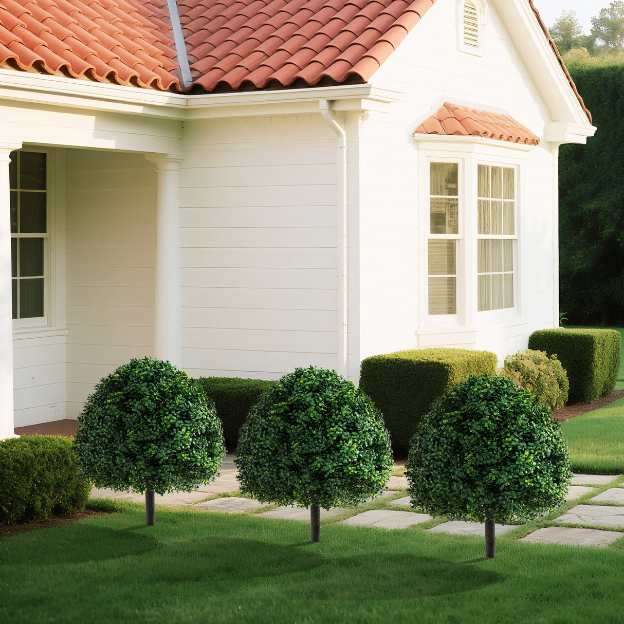 28 Inches Artificial Boxwood Topiary Ball Tree Set of 2 with Ground Spike-Green