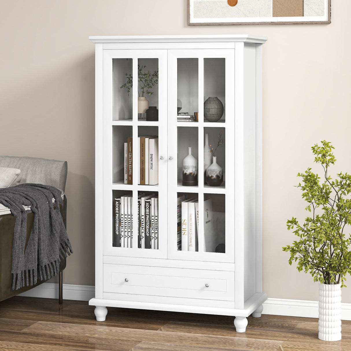 Estantería de 55 pulgadas con puertas de cristal templado - Blanco