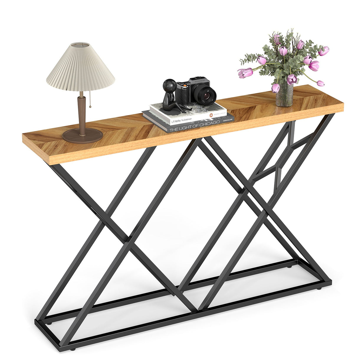 Mesa consola de 55 pulgadas con estructura de metal macizo y almacenamiento - Madera