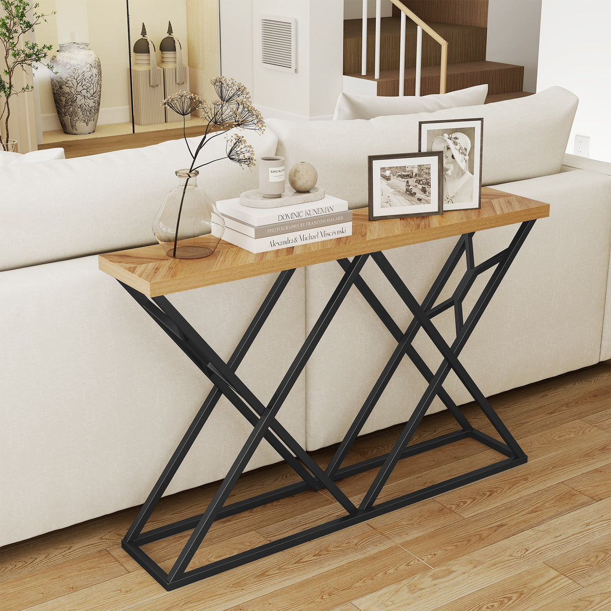Mesa consola de 55 pulgadas con estructura de metal macizo y almacenamiento - Madera