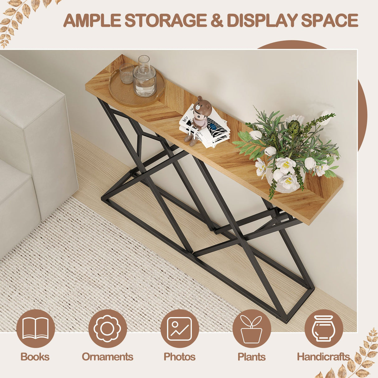 Mesa consola de 55 pulgadas con estructura de metal macizo y almacenamiento - Madera