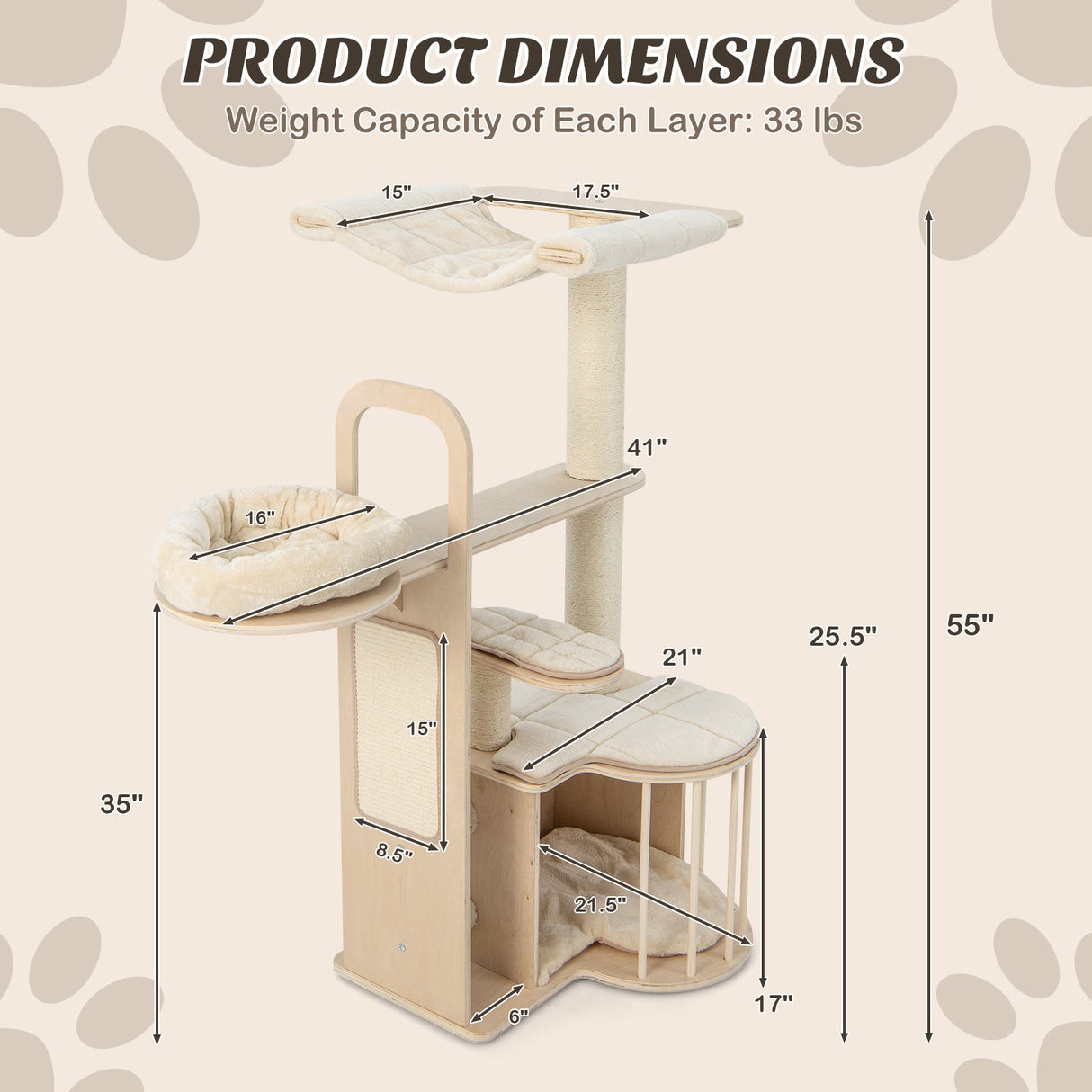 Árbol para gatos multinivel de 55 pulgadas de alto con cojines extraíbles lavables - Natural