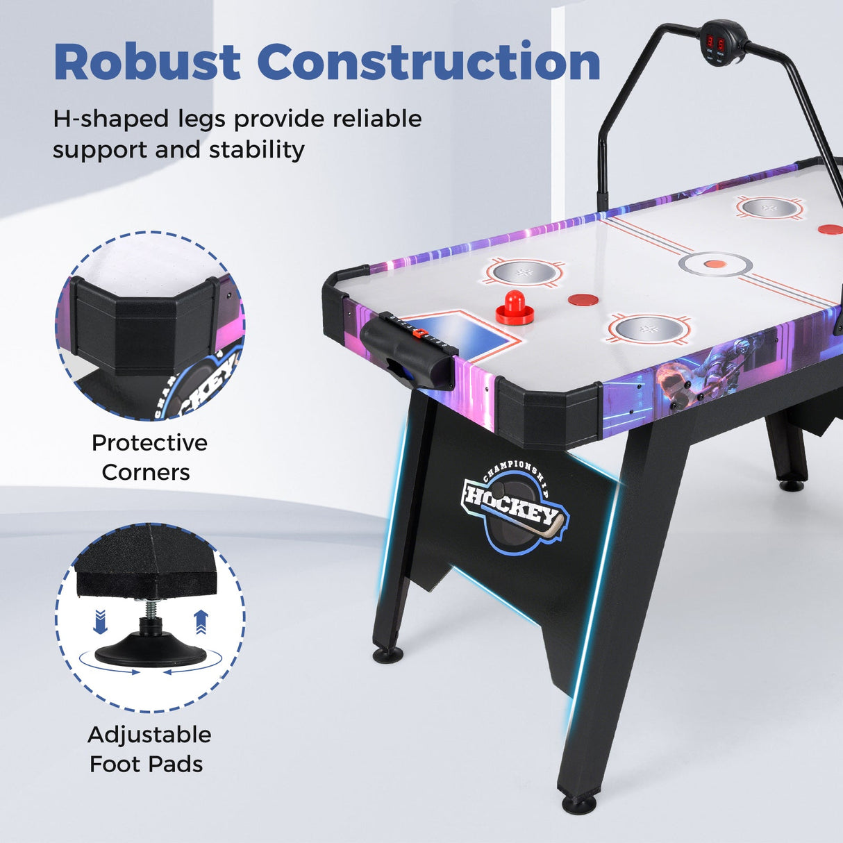 Mesa de Air Hockey de 56 pulgadas con marcador digital LED y potente motor de 12 V - Blanca