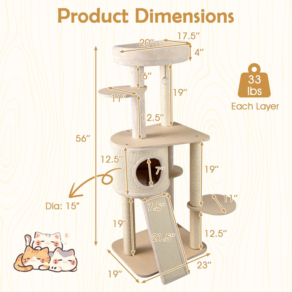 Árbol para gatos de 56 pulgadas de alto con 2 postes rascadores de sisal y escalera-NA