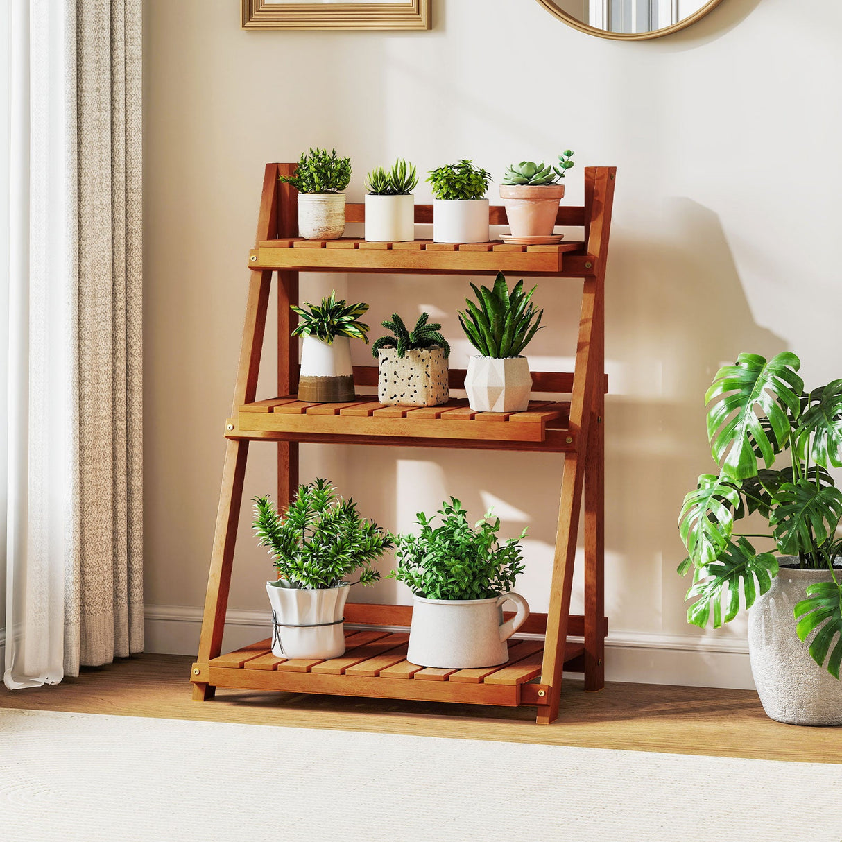 Soporte plegable de madera maciza de 3 niveles para plantas para balcón o patio
