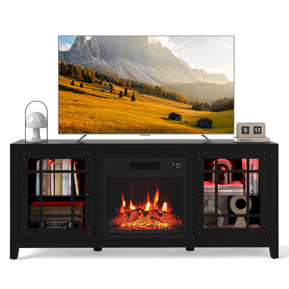 Mueble para TV de 58 pulgadas con chimenea, luces LED y chimenea eléctrica de 18 pulgadas