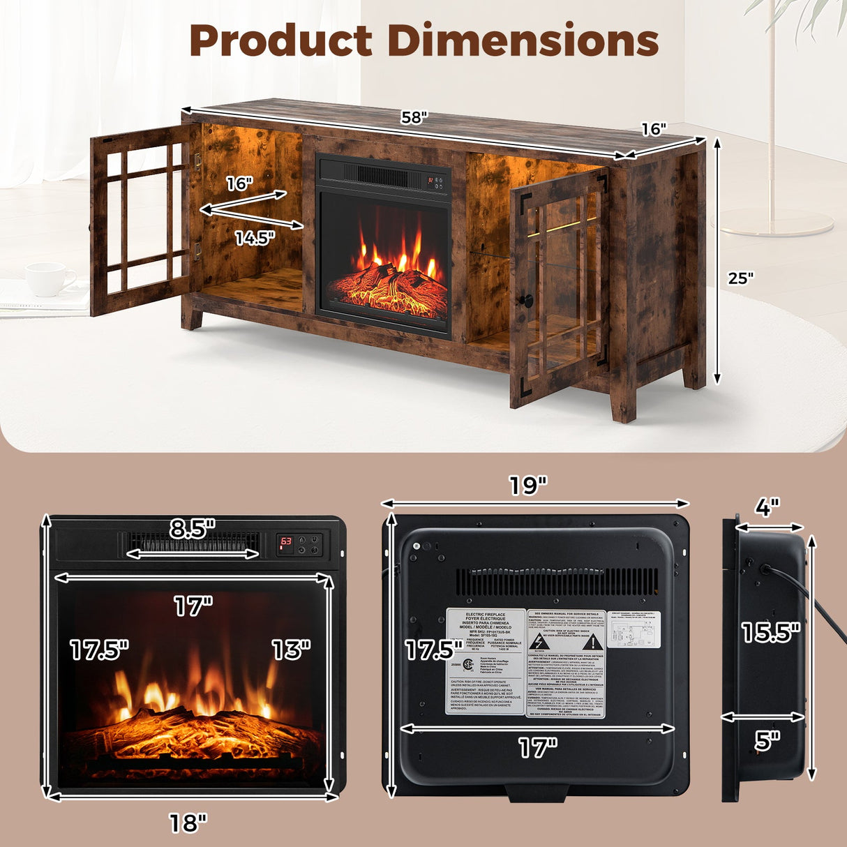 Mueble para TV de 58 pulgadas con chimenea, luces LED y chimenea eléctrica de 18 pulgadas