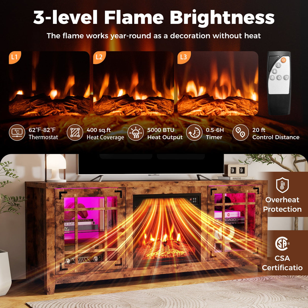 Mueble para TV de 58 pulgadas con chimenea, luces LED y chimenea eléctrica de 18 pulgadas