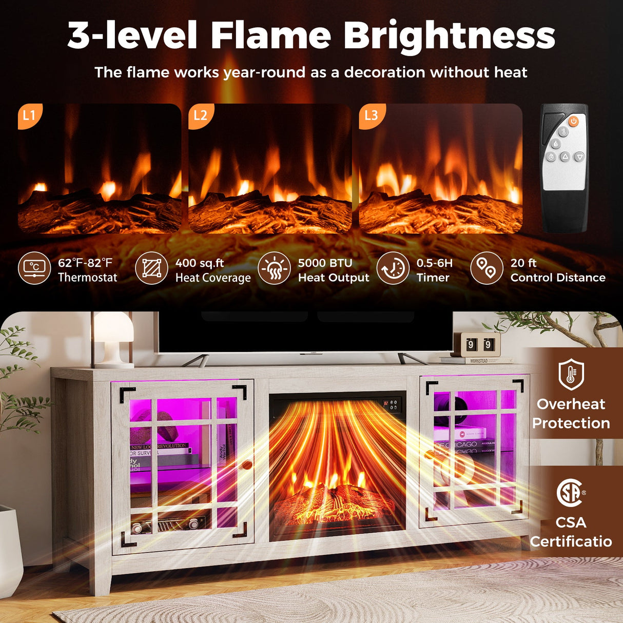 Mueble para TV de 58 pulgadas con chimenea, luces LED y chimenea eléctrica de 18 pulgadas