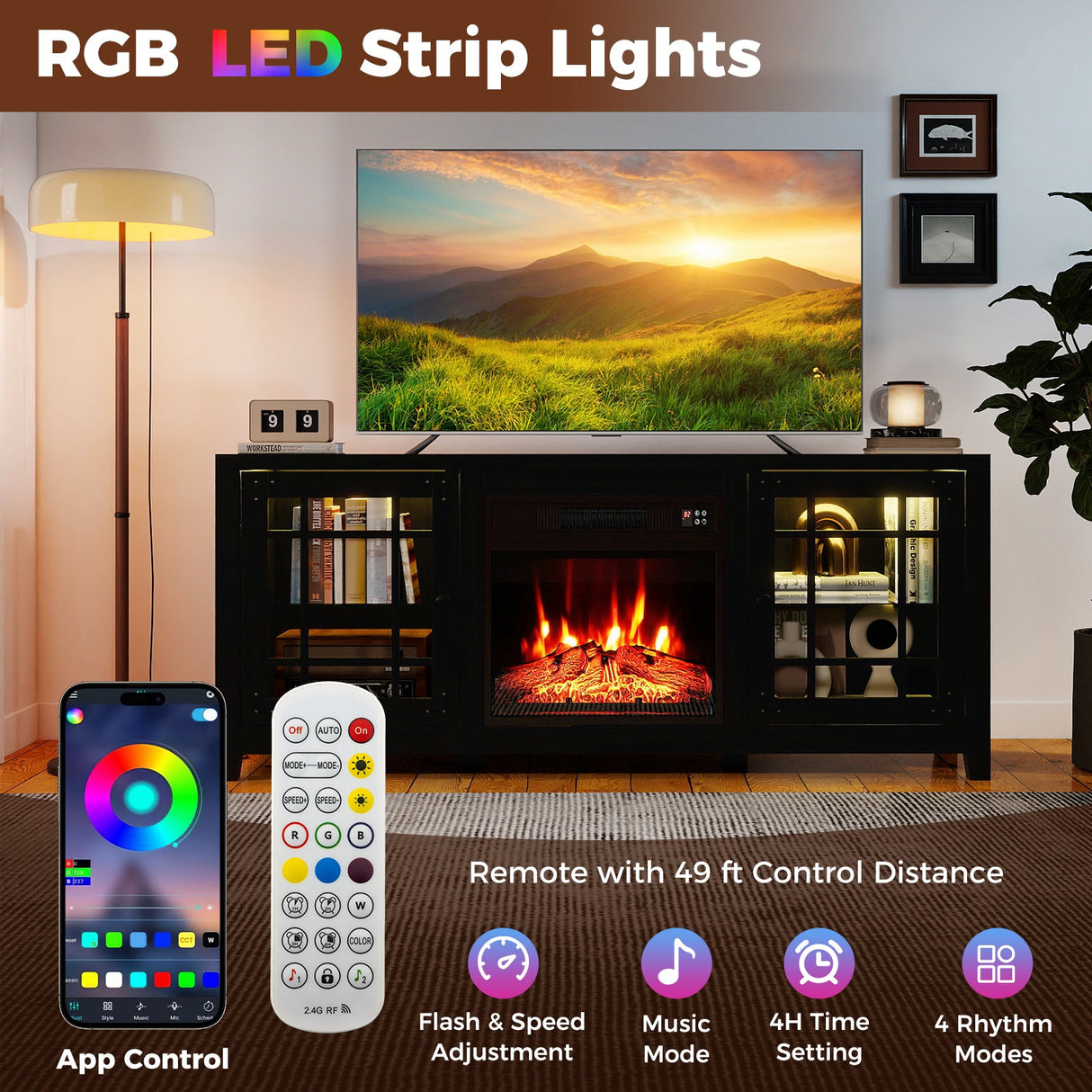 Mueble para TV de 58 pulgadas con chimenea, luces LED y chimenea eléctrica de 18 pulgadas