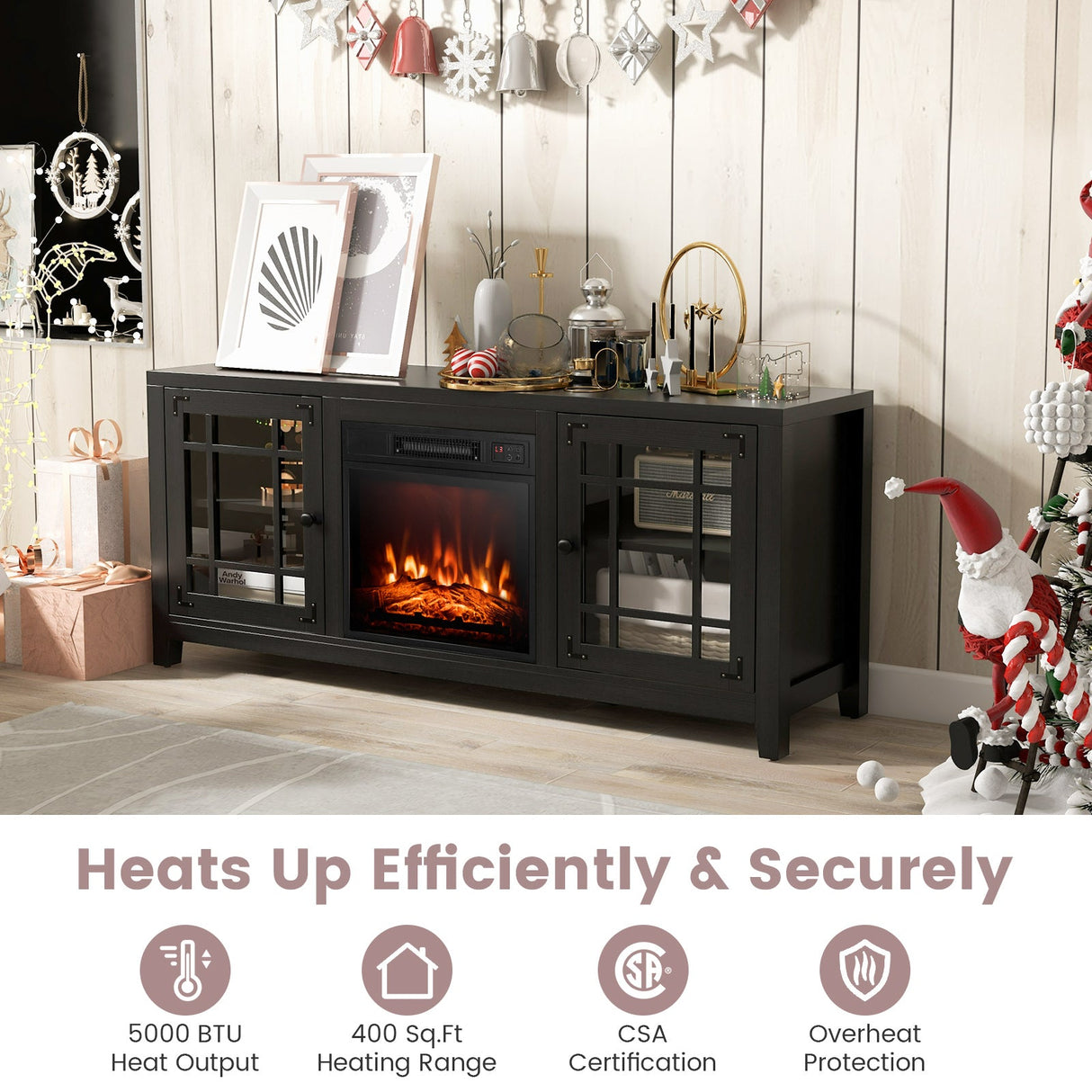 58 Inch Fireplace TV Stand with Adjustable Shelves for TVs up to 65 Inch-Black