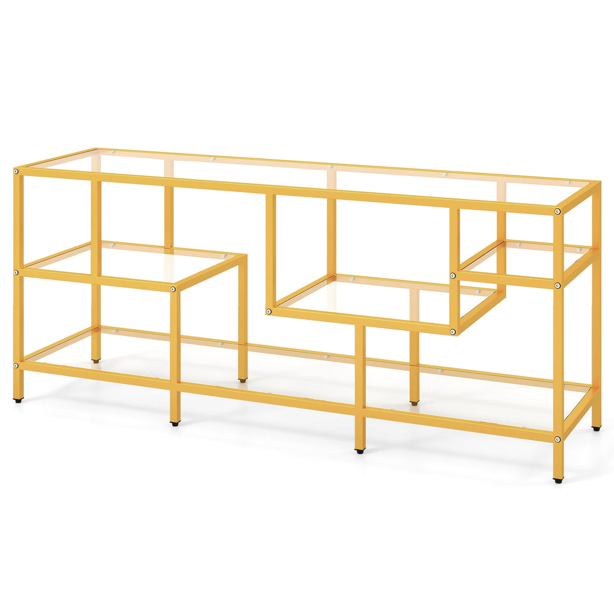 Mesa consola de TV de 58 pulgadas con estantes de vidrio templado para sala de estar - Dorada