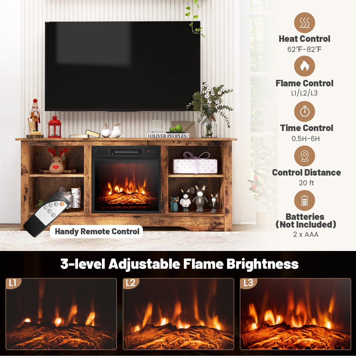 Soporte de TV de 58 pulgadas para televisores de pantalla plana de hasta 65 pulgadas con chimenea eléctrica de 18 pulgadas