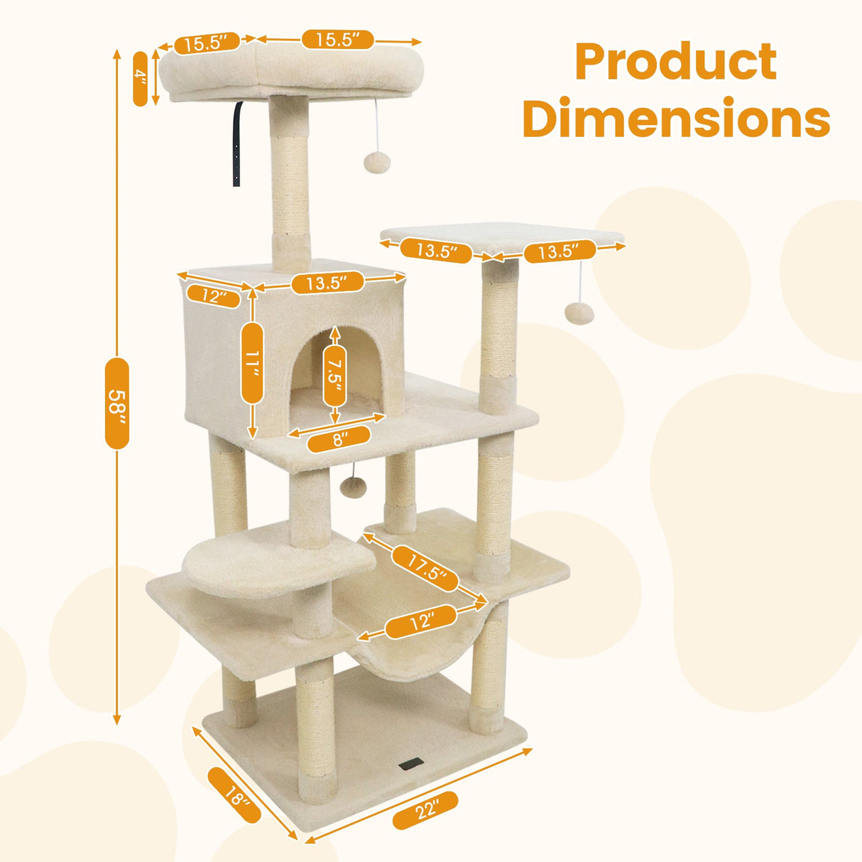 Torre para Gatos de 58 pulgadas, Multinivel, con Felpa Suave y Percha Superior Acolchada