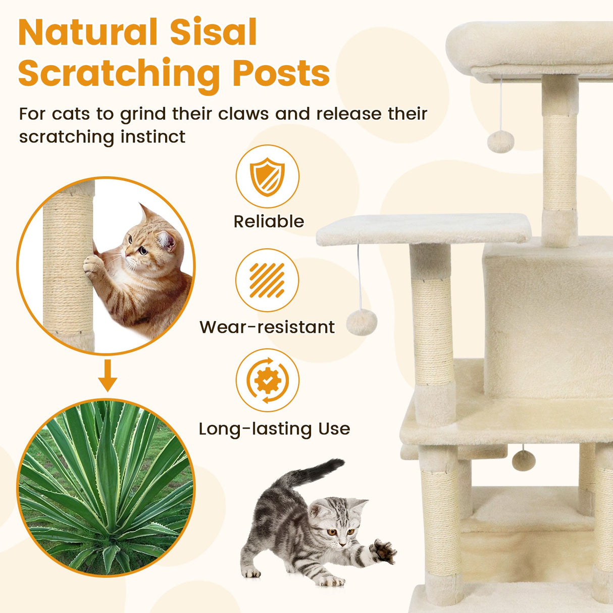 Torre para Gatos de 58 pulgadas, Multinivel, con Felpa Suave y Percha Superior Acolchada
