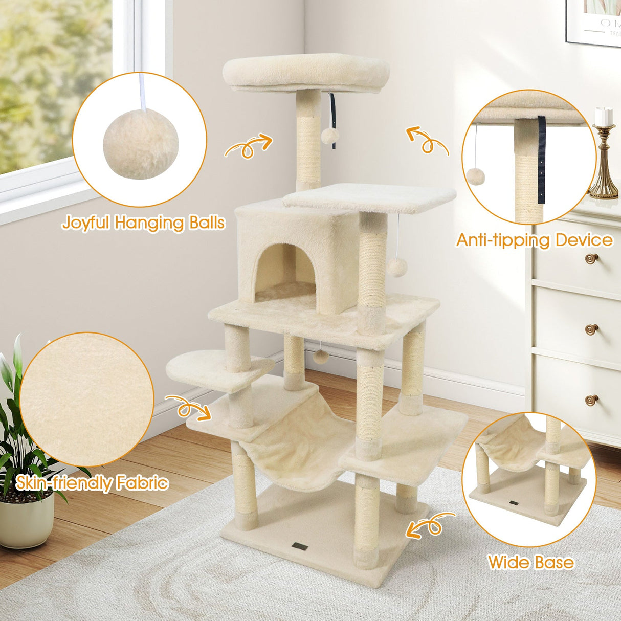 Torre para Gatos de 58 pulgadas, Multinivel, con Felpa Suave y Percha Superior Acolchada