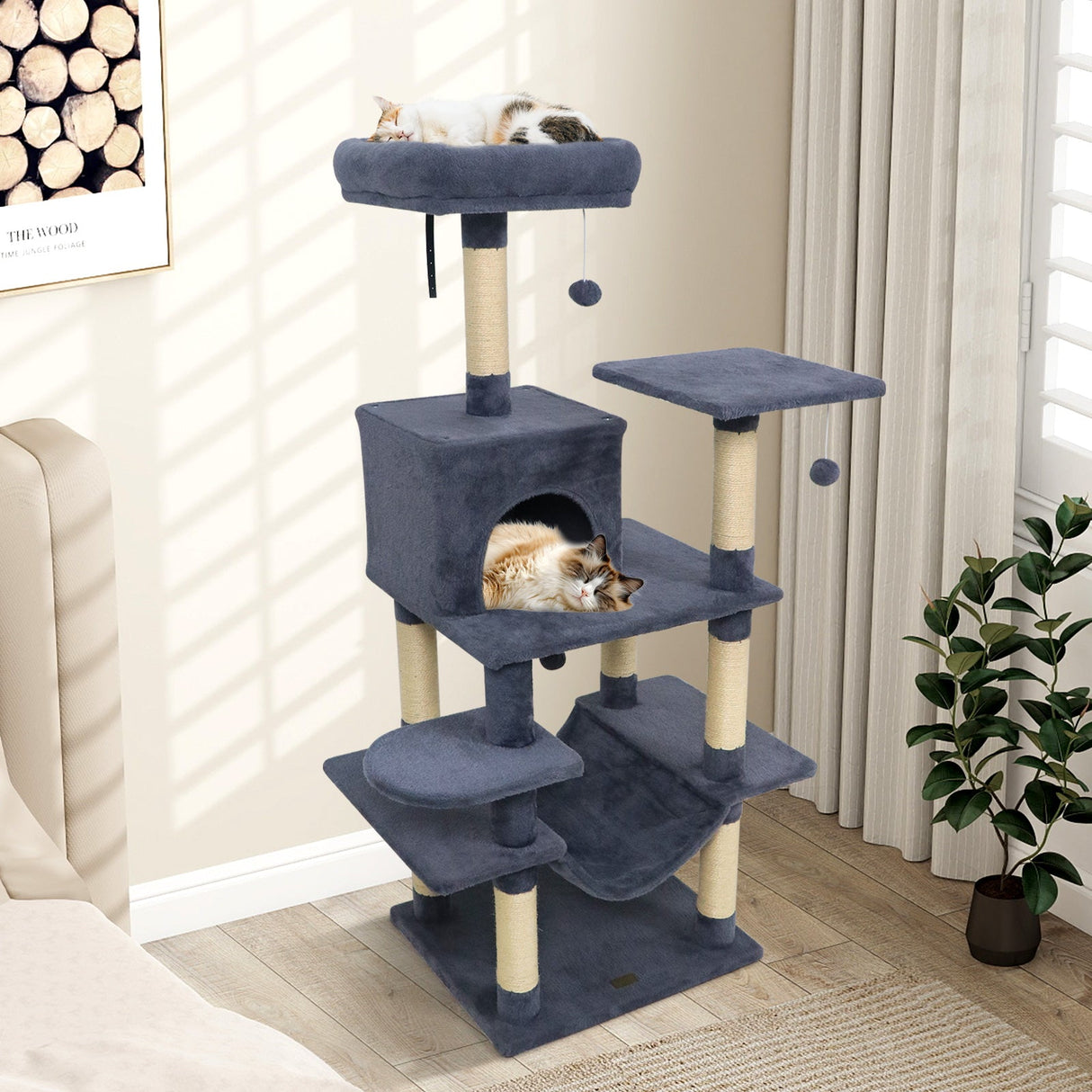 Torre para Gatos de 58 pulgadas, Multinivel, con Felpa Suave y Percha Superior Acolchada