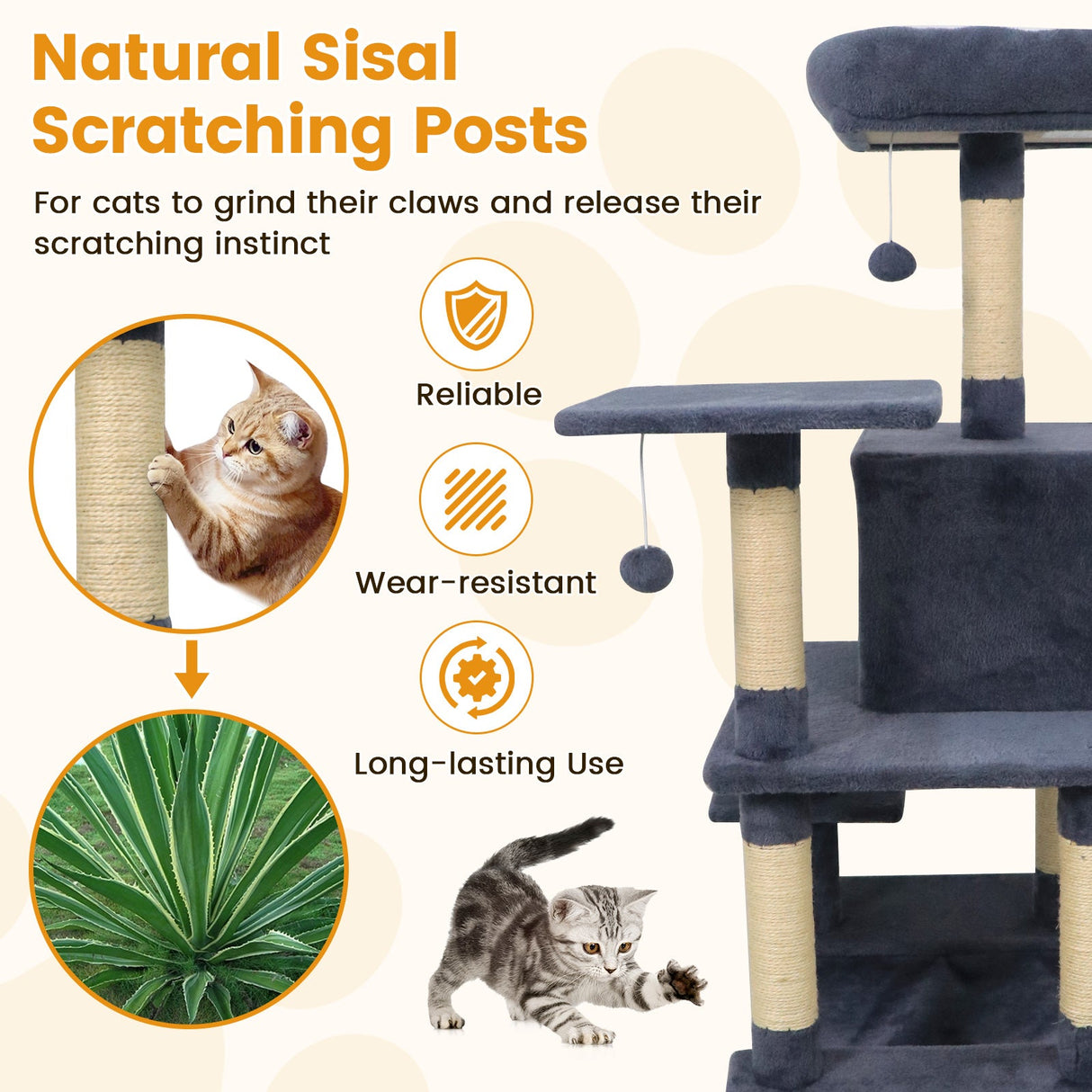 Torre para Gatos de 58 pulgadas, Multinivel, con Felpa Suave y Percha Superior Acolchada