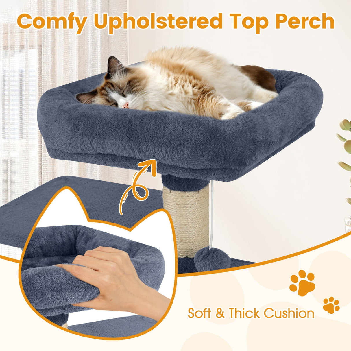 Torre para Gatos de 58 pulgadas, Multinivel, con Felpa Suave y Percha Superior Acolchada