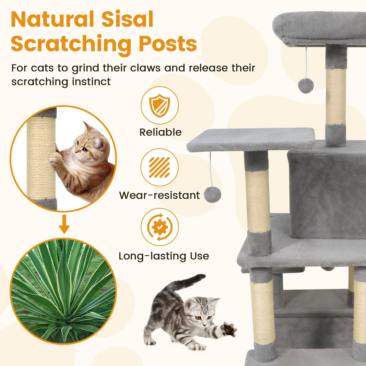 Torre para Gatos de 58 pulgadas, Multinivel, con Felpa Suave y Percha Superior Acolchada