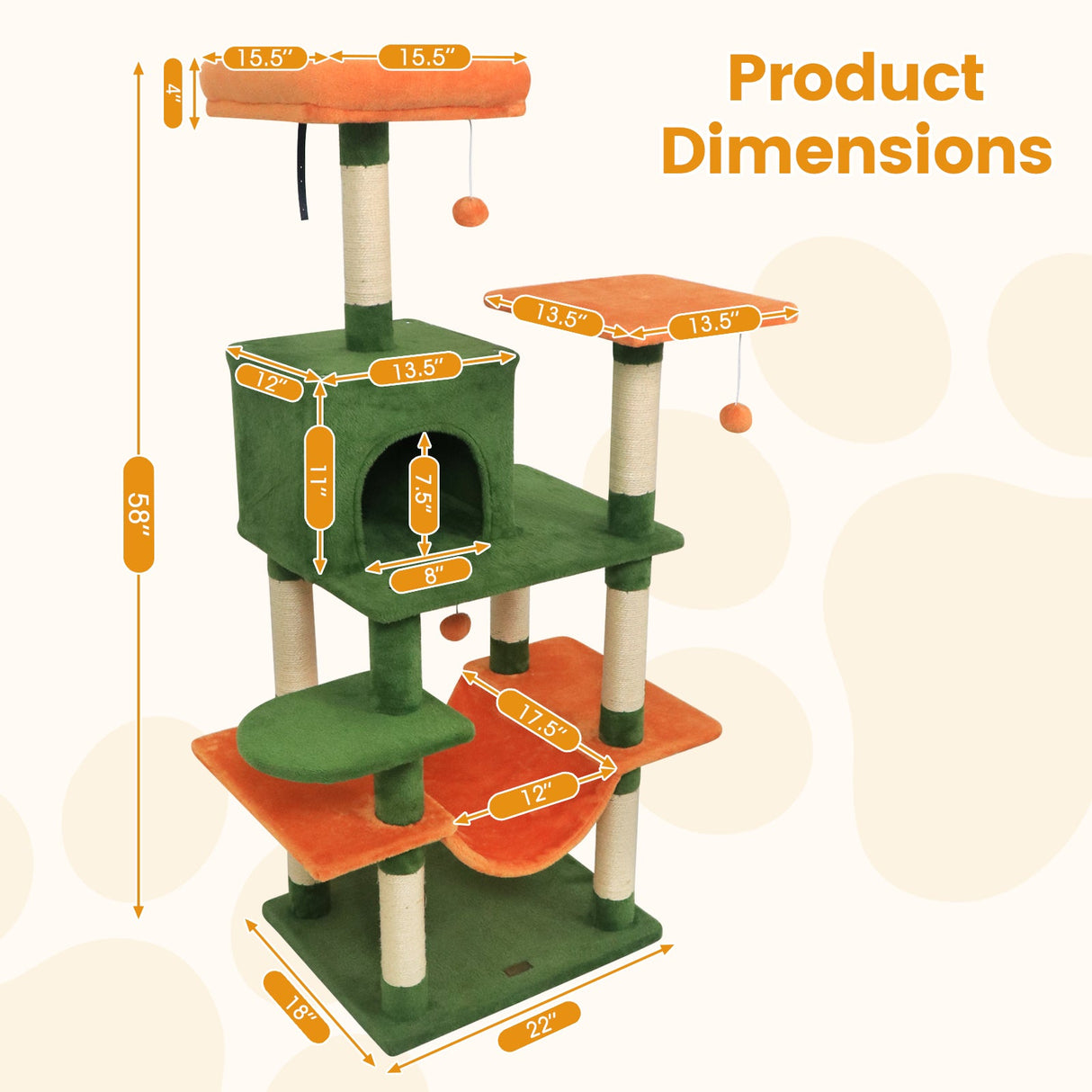 Torre para Gatos de 58 pulgadas, Multinivel, con Felpa Suave y Percha Superior Acolchada