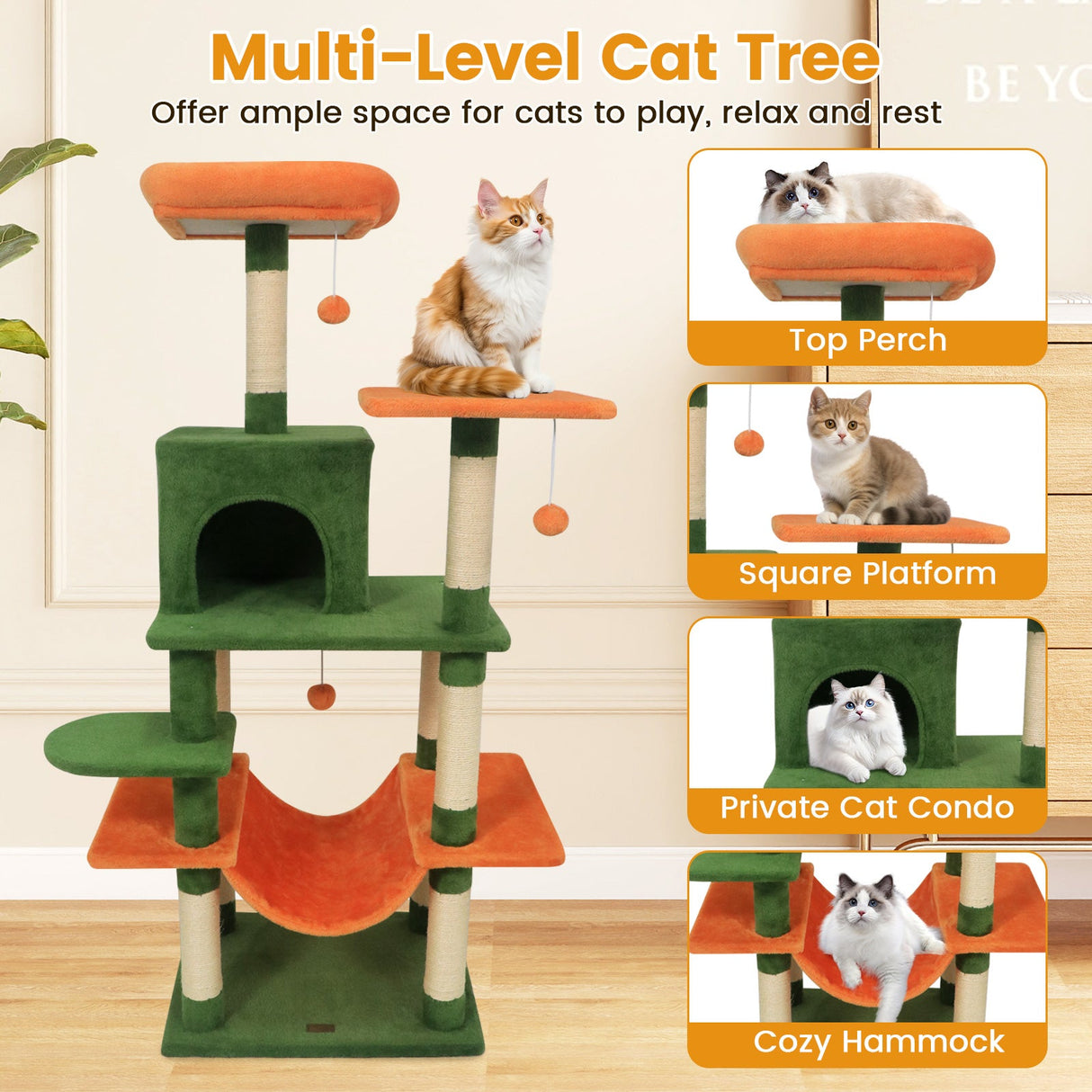 Torre para Gatos de 58 pulgadas, Multinivel, con Felpa Suave y Percha Superior Acolchada