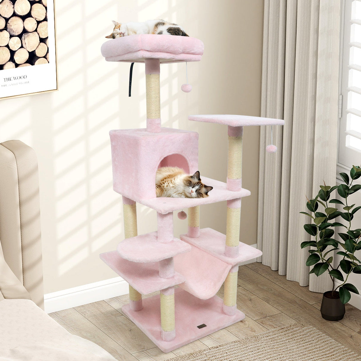 Torre para Gatos de 58 pulgadas, Multinivel, con Felpa Suave y Percha Superior Acolchada