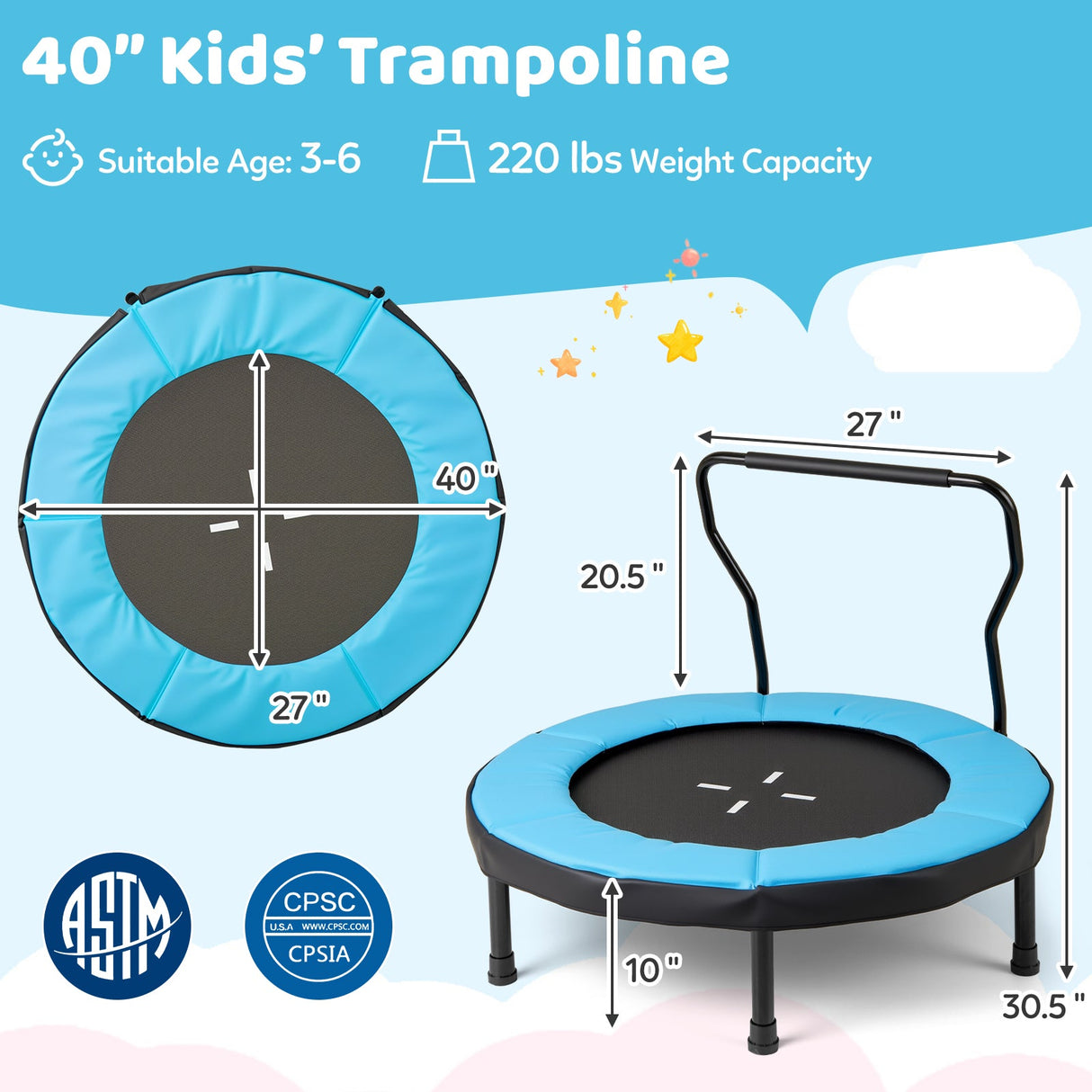 Trampolín de 40 pulgadas para niños, trampolín de fitness para interiores y exteriores