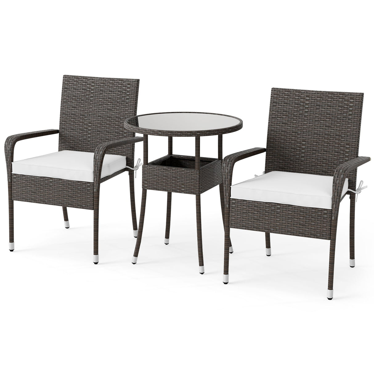 Juego de muebles de patio de 3 piezas, sillas de mimbre de ratán PE con mesa de cristal templado - Blanco