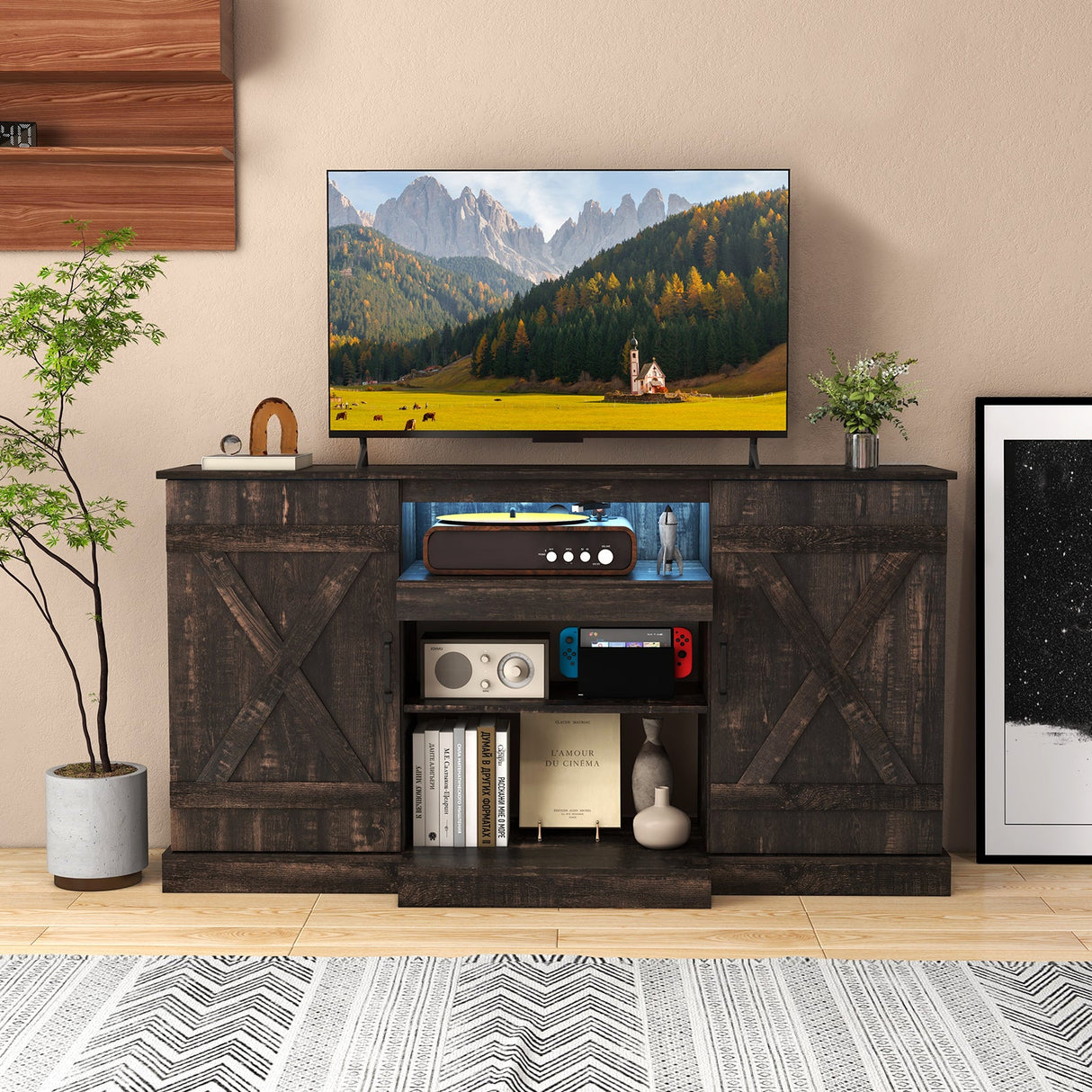 Mueble de TV de 58 pulgadas para televisores de hasta 65 pulgadas con luces LED de 20 colores - Café