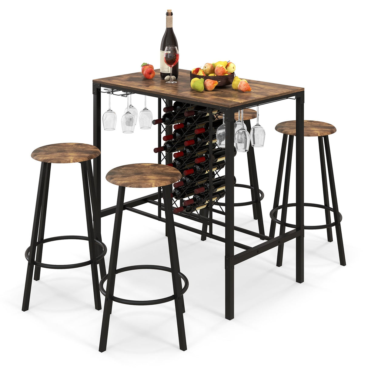 Juego de 5 piezas de mesa y taburetes de bar con botellero y copero, color marrón rústico
