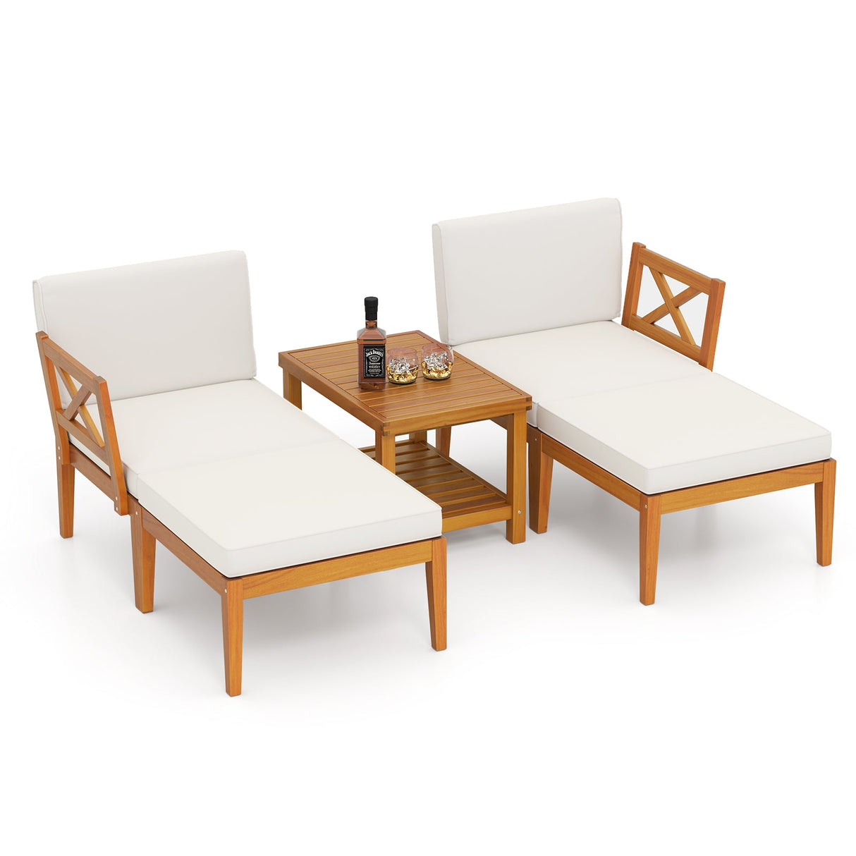 Juego de 5 Tumbonas de Patio de Madera de Acacia con Otomana y Cojines - Blanco