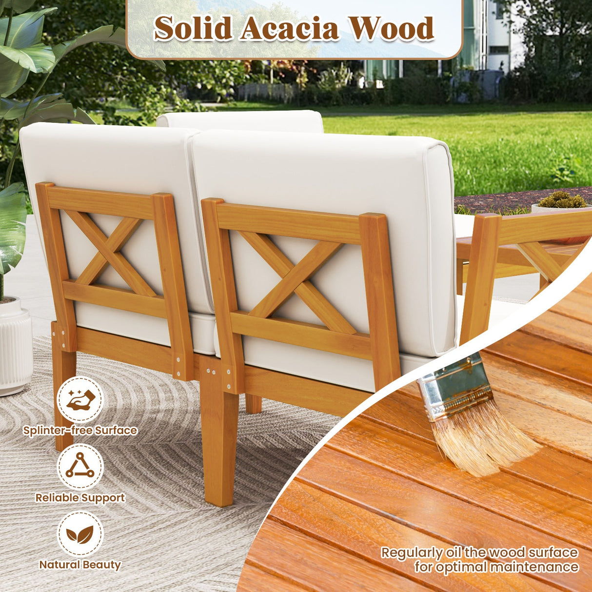 Juego de muebles de patio de madera de acacia de 5 piezas con mesa de centro de 2 niveles y cojines-Blanco