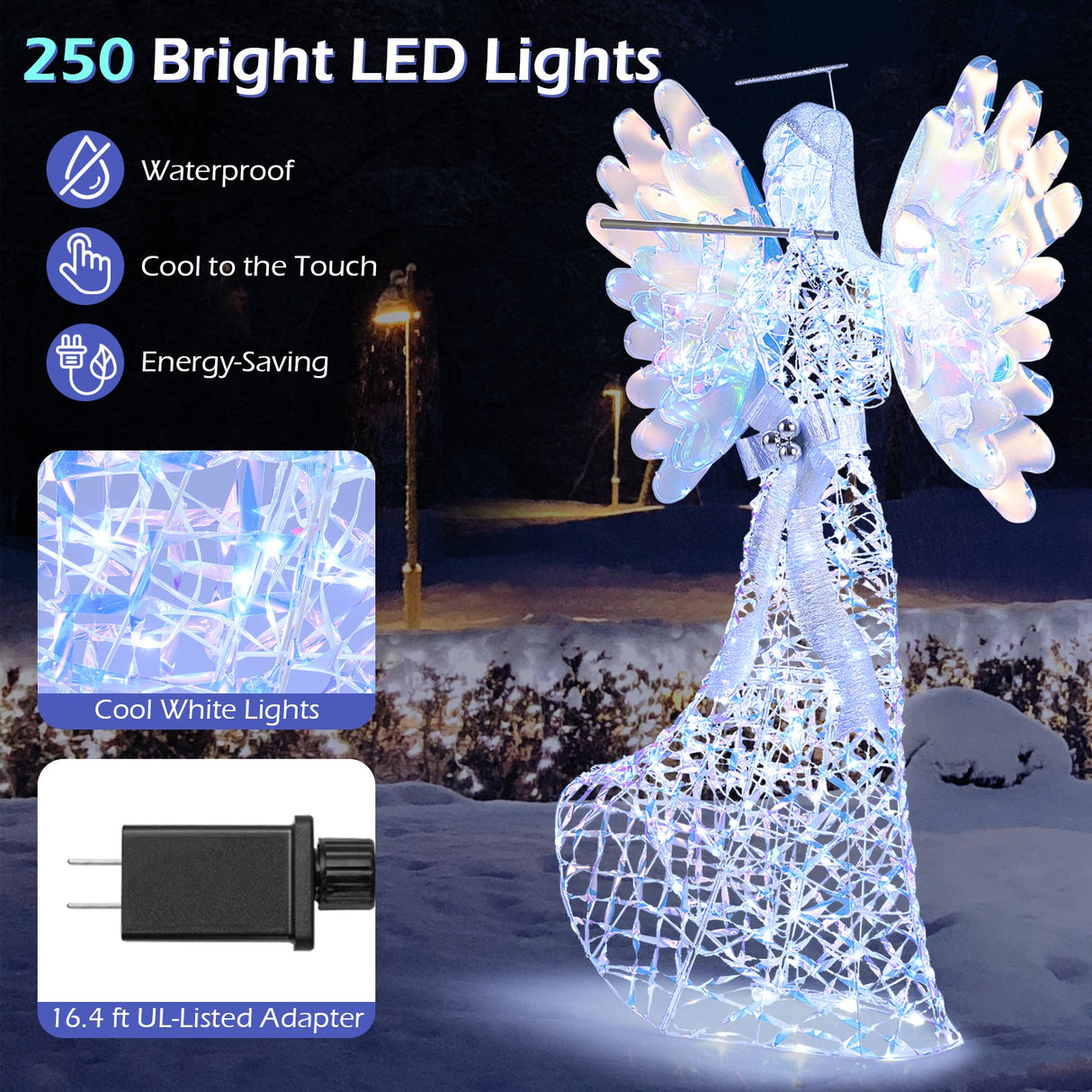 Ángel navideño iluminado de 1.58 m con halo brillante 3D y flauta