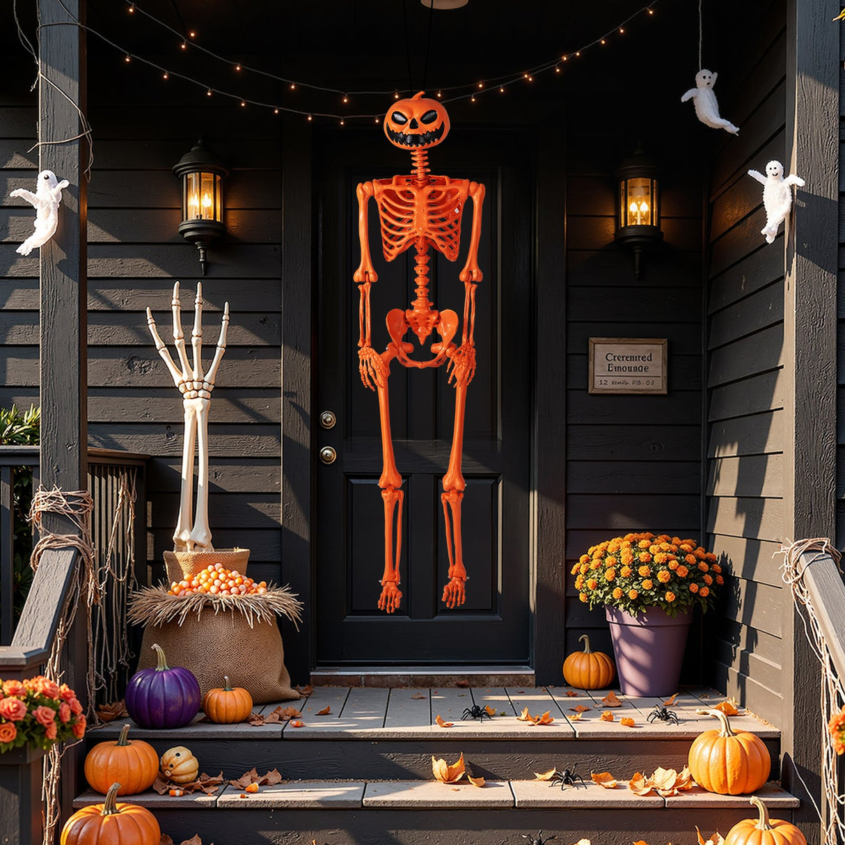 Esqueleto de Halloween Naranja de Tamaño Real de 1,58 m con Cabeza de Calabaza y Articulaciones Móviles