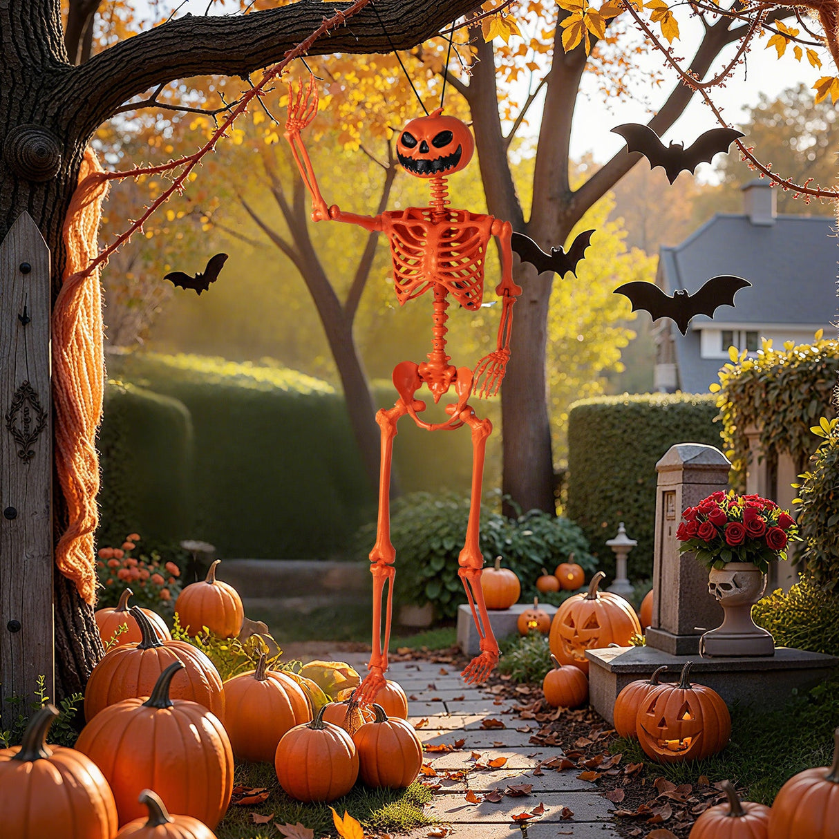 Esqueleto de Halloween Naranja de Tamaño Real de 1,58 m con Cabeza de Calabaza y Articulaciones Móviles