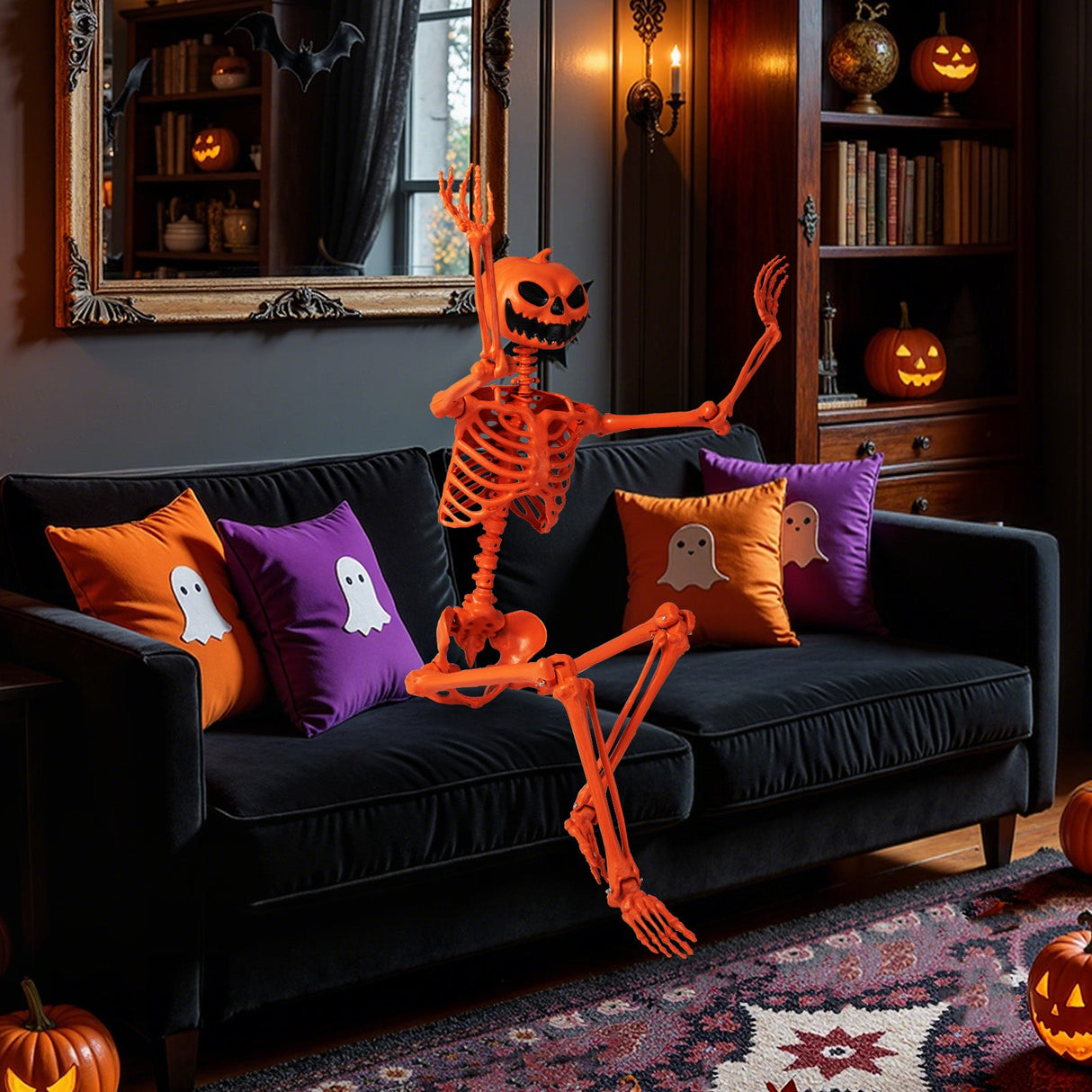 Esqueleto de Halloween Naranja de Tamaño Real de 1,58 m con Cabeza de Calabaza y Articulaciones Móviles