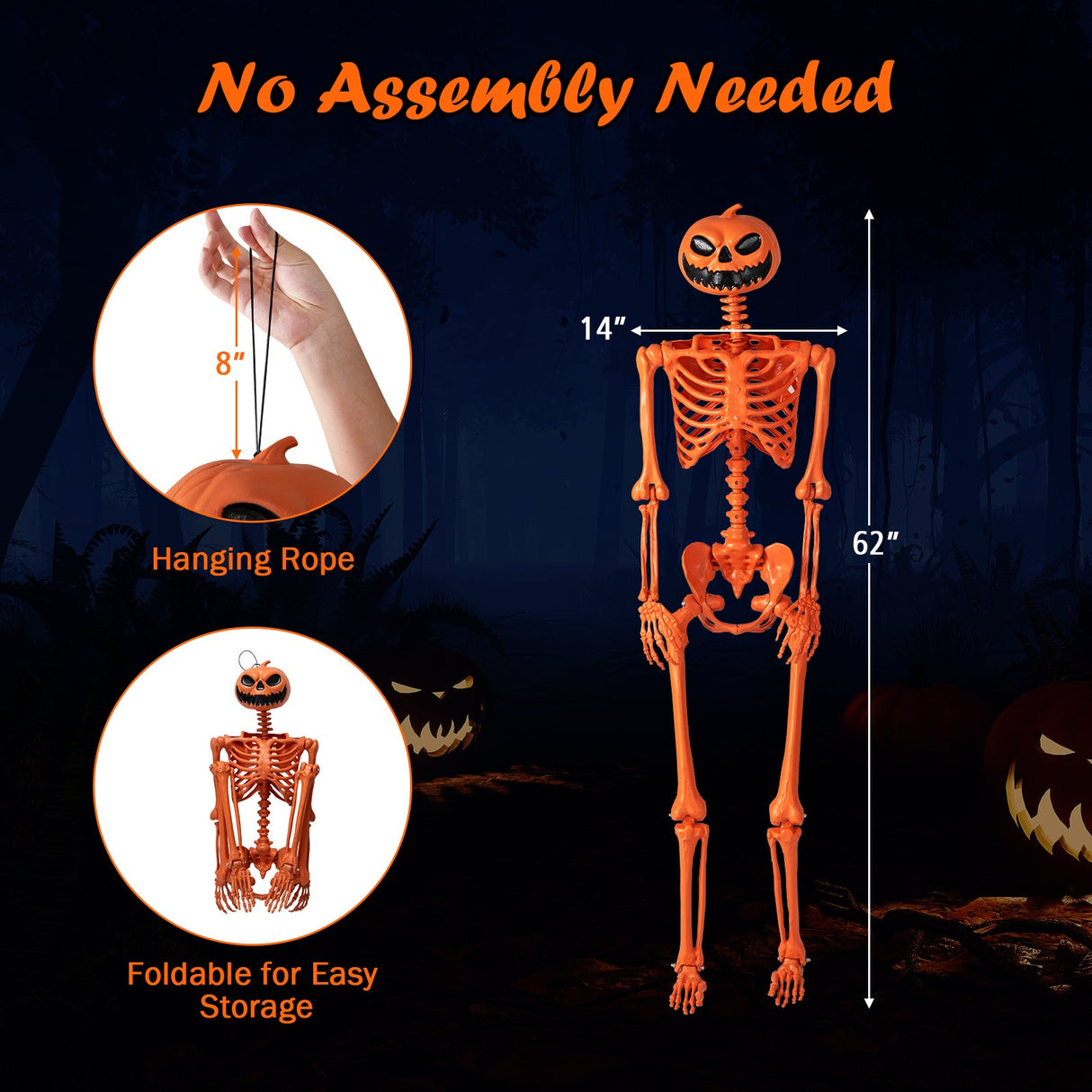 Esqueleto de Halloween Naranja de Tamaño Real de 1,58 m con Cabeza de Calabaza y Articulaciones Móviles