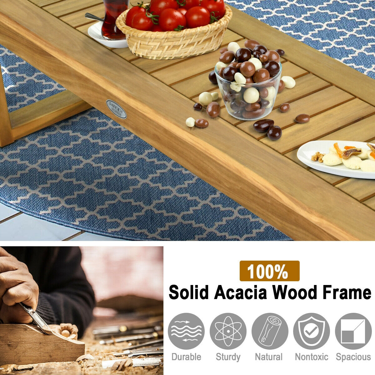 Banco de comedor de madera de acacia de 52 pulgadas con asiento de listones